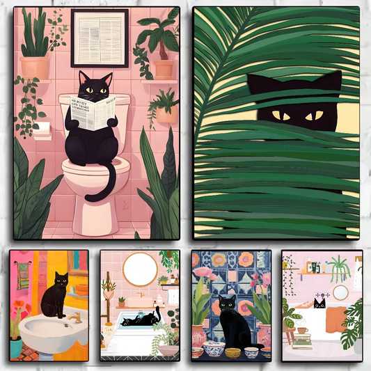 Funny Cute Black Cat Self Adhesive Posters – Retro Animal Wall Art Decoration Home Décor