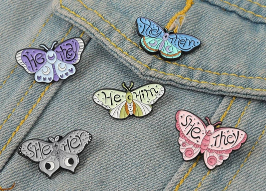 Butterfly Moth Pronouns Enamel Pin Badge SHE HER HE HIM THEY THEM Brooches