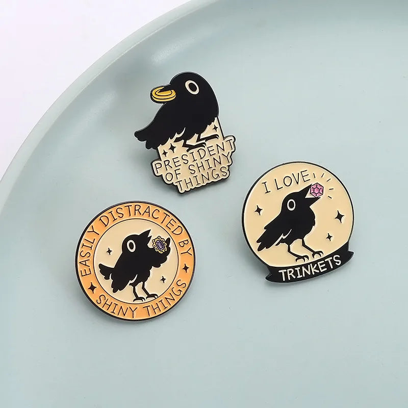 Cute Black Crow Metal Enamel Pin Badge Brooch Shiny Things Trinkets Raven Bird