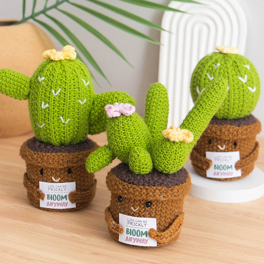 Crochet Knitted Cactus Flower Plant Pot - Desktop Emotional Support Gift Positivity Words of Encouragement Ornament - Perfect Gift