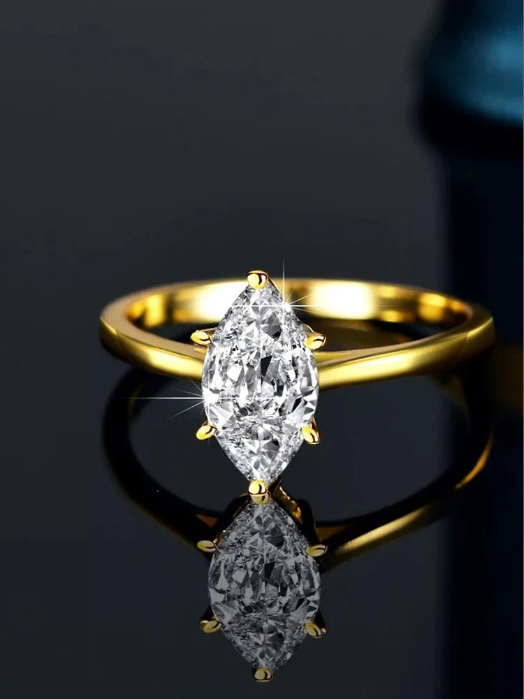 925 Sterling Silver / Golden Ring with Marquise Navette Shape Zircon Gemstone – Womens Elegant Engagement Wedding Promise Band
