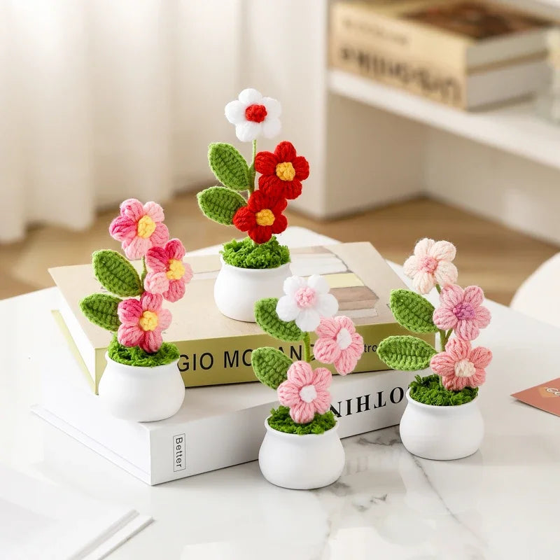 Crochet Knitted Artificial Flower Plant in Pot - Hand Woven Potted Desk Desktop Home Decor Gift Ornament