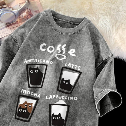 Cat Coffee T-Shirt – Cute Mocha Latte Graphic Tee for Men & Women | Summer Loose Fit Cotton