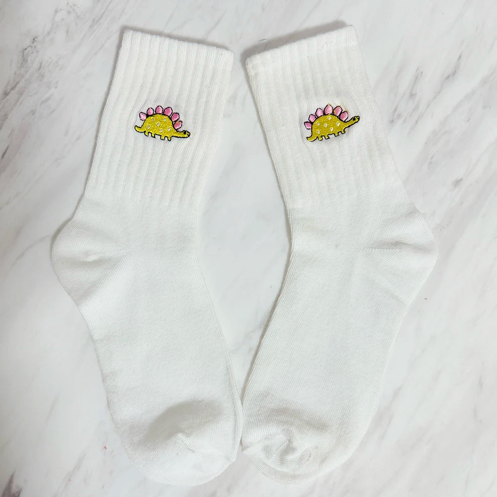 5 Pairs Women’s Dinosaur Crew Socks – Cute Embroidered Cartoon Dino Animal Sock Set