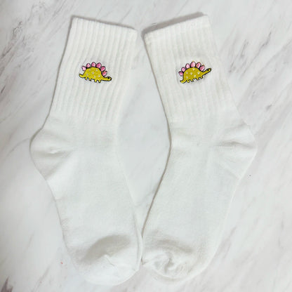 5 Pairs Women’s Dinosaur Crew Socks – Cute Embroidered Cartoon Dino Animal Sock Set