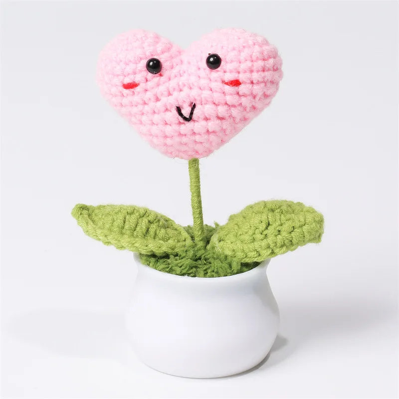 Crochet Knitted Artificial Flower Plant in Pot - Hand Woven Potted Desk Desktop Home Decor Gift Ornament