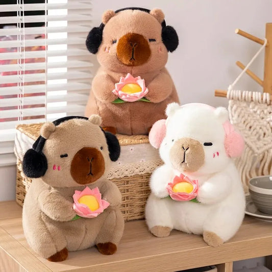 25CM Cute Capybara Plush Toy with Ear Muffs and Flower -  Autumn Winter Seasonal