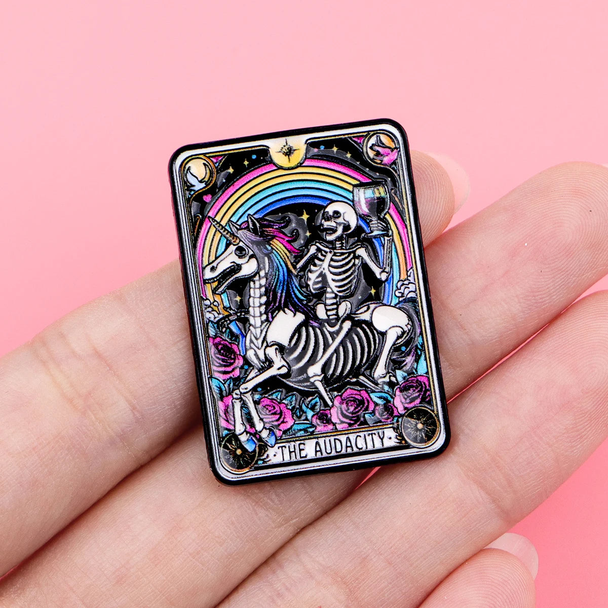 The Audacity Tarot Card Funny Skeleton Unicorn Enamel Brooch Lapel Pin Badge