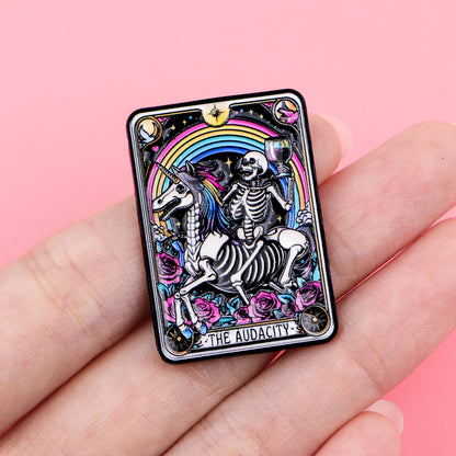 The Audacity Tarot Card Funny Skeleton Unicorn Enamel Brooch Lapel Pin Badge