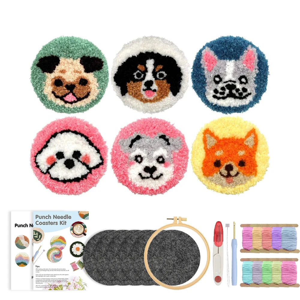DIY Beginner Punch Needle Coaster Kit – Make 6 Animal Dog Frog Butterfly Paw Design Coasters - Multiple Design Choice Craft Embroidery