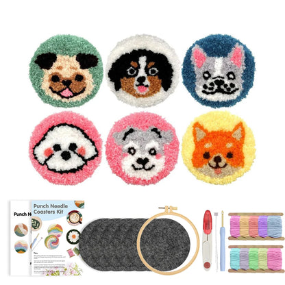 DIY Beginner Punch Needle Coaster Kit – Make 6 Animal Dog Frog Butterfly Paw Design Coasters - Multiple Design Choice Craft Embroidery