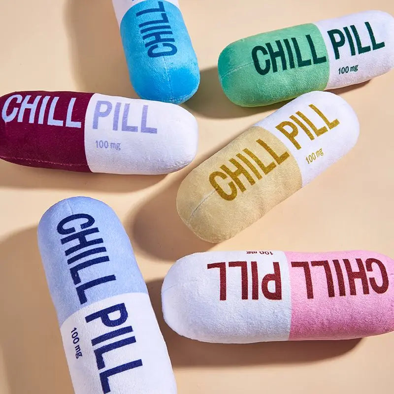 Funny Squeaky Dog Toy Chill Pill Tablet Shaped Pet Dog Plush Toy Gift Comedy Silly