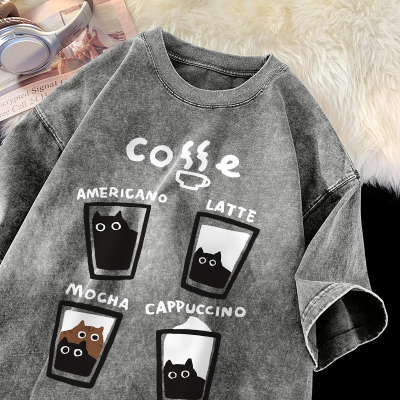 Cat Coffee T-Shirt – Cute Mocha Latte Graphic Tee for Men & Women | Summer Loose Fit Cotton