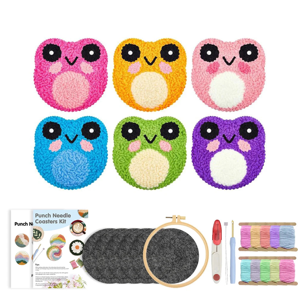 DIY Beginner Punch Needle Coaster Kit – Make 6 Animal Dog Frog Butterfly Paw Design Coasters - Multiple Design Choice Craft Embroidery