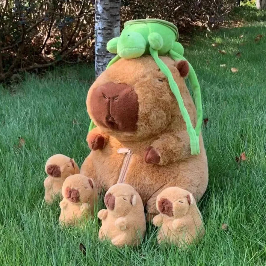 Capybara Family Plush Set – Large Capybara + 4 Small Capybara Soft Toys with Zipper