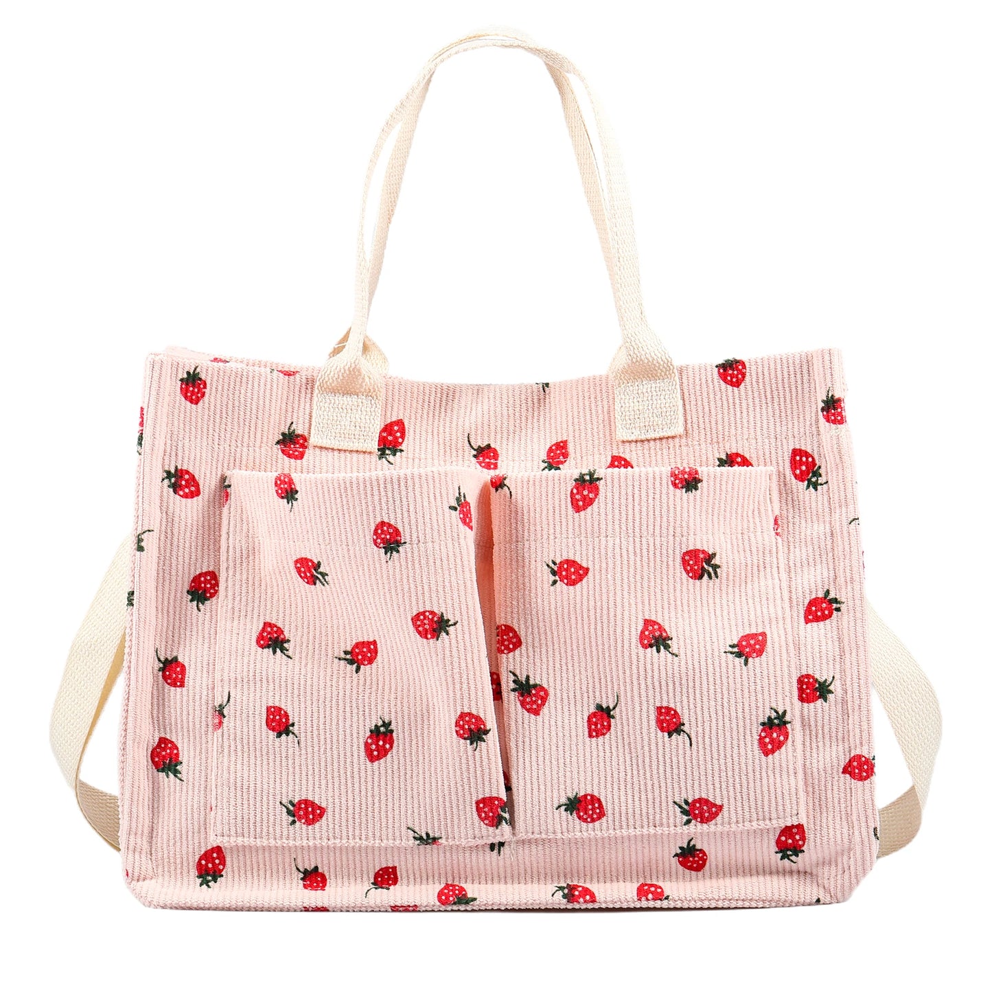 Large Capacity Strawberry Fabric Tote Bag – Adjustable Shoulder Bag for Work, School, Shopping