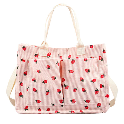 Large Capacity Strawberry Fabric Tote Bag – Adjustable Shoulder Bag for Work, School, Shopping