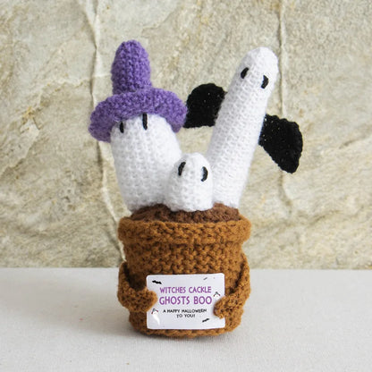 Halloween Pumpkin Ghosts Crochet Knitted Cactus Flower Plant Pot - Spooky Desktop Decoration Gift Seasonal