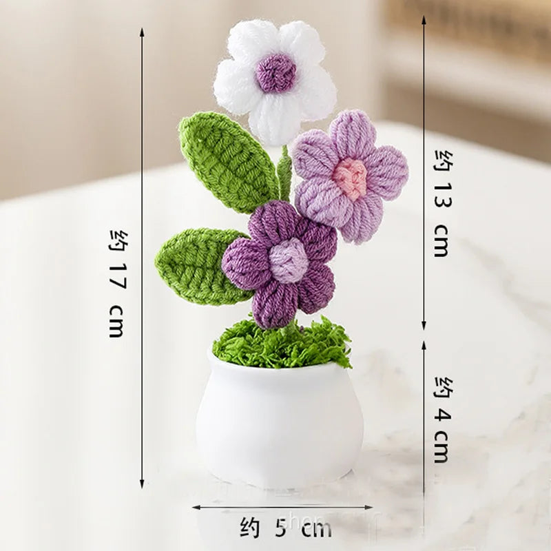 Crochet Knitted Artificial Flower Plant in Pot - Hand Woven Potted Desk Desktop Home Decor Gift Ornament