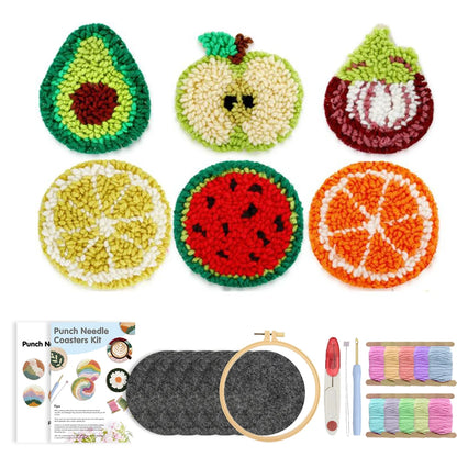 DIY Punch Needle Coaster Kit – Make 6 Fruit Design Coasters - Multiple Design Choice Craft Embroidery