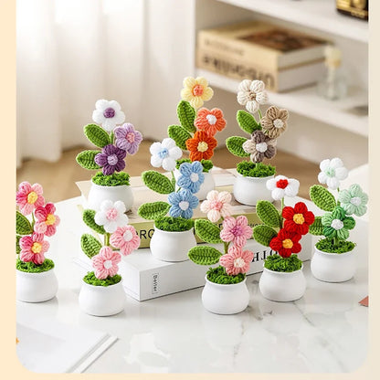 Crochet Knitted Artificial Flower Plant in Pot - Hand Woven Potted Desk Desktop Home Decor Gift Ornament