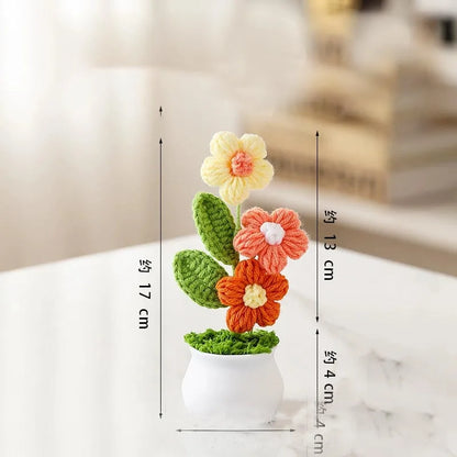 Crochet Knitted Artificial Flower Plant in Pot - Hand Woven Potted Desk Desktop Home Decor Gift Ornament