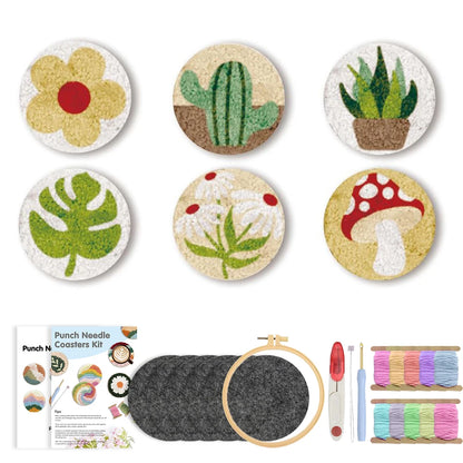 DIY Punch Needle Coaster Set Kit – Make 6 Flower Plant Design Coasters Multiple Design Choice Craft Embroidery