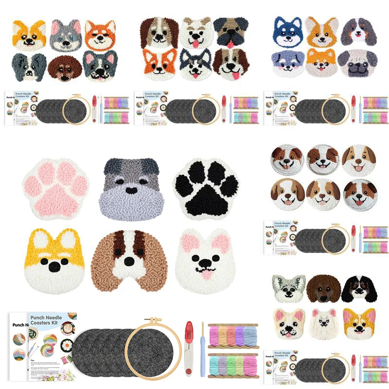 DIY Punch Needle Coaster Set Kit – Make 6 Dog Design Coasters Multiple Design Choice Craft Embroidery