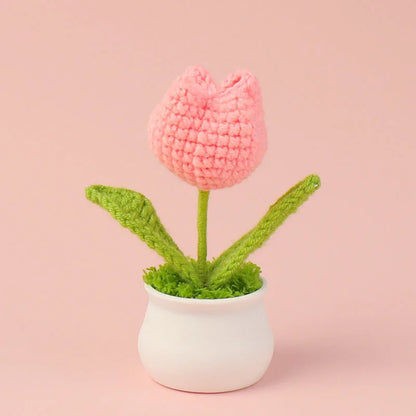 Crochet Knitted Artificial Flower Plant in Pot - Hand Woven Potted Desk Desktop Home Decor Gift Ornament
