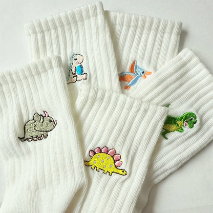 5 Pairs Women’s Dinosaur Crew Socks – Cute Embroidered Cartoon Dino Animal Sock Set