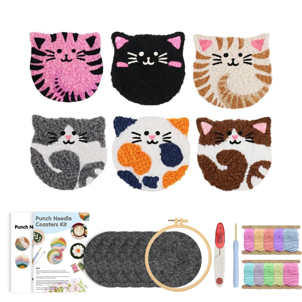 DIY Punch Needle Coaster Kit Set – Make 6 Cat Animal Coasters Craft Embroidery