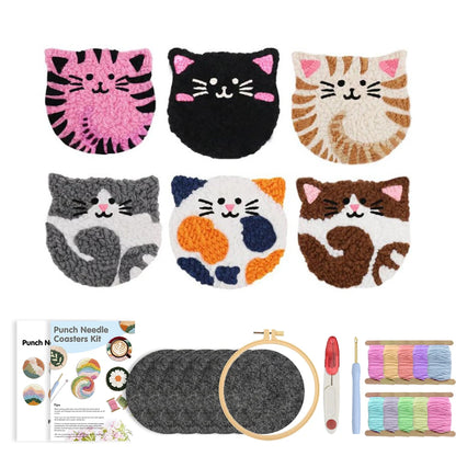 DIY Punch Needle Coaster Kit Set – Make 6 Cat Animal Coasters Craft Embroidery