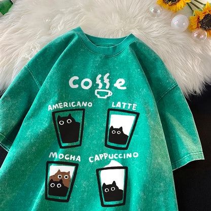 Cat Coffee T-Shirt – Cute Mocha Latte Graphic Tee for Men & Women | Summer Loose Fit Cotton