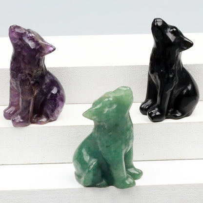 Crystal Howling Wolf Figurines – Hand-Carved Natural Stone Animal Wolves Figures for Chakra Energy Healing & Home Décor