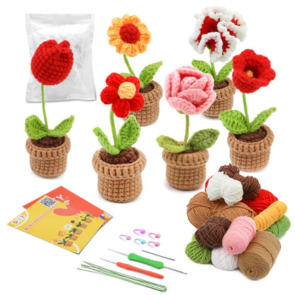 DIY Crochet Potted Flower Kit – Make 6 Plants Yellow / Red / Pink Flowers