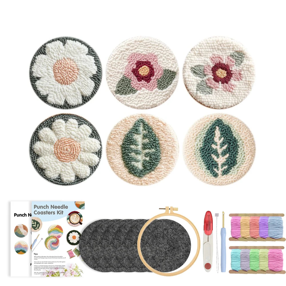 DIY Punch Needle Coaster Set Kit – Make 6 Flower Plant Design Coasters Multiple Design Choice Craft Embroidery