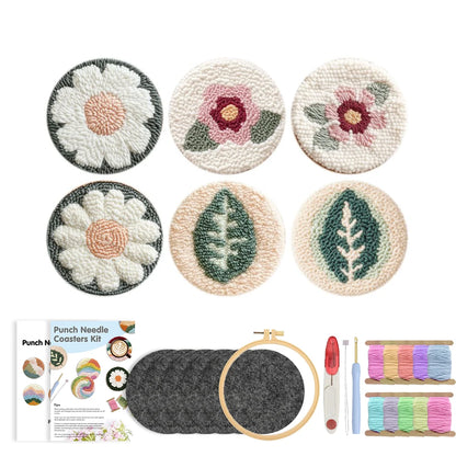 DIY Punch Needle Coaster Set Kit – Make 6 Flower Plant Design Coasters Multiple Design Choice Craft Embroidery