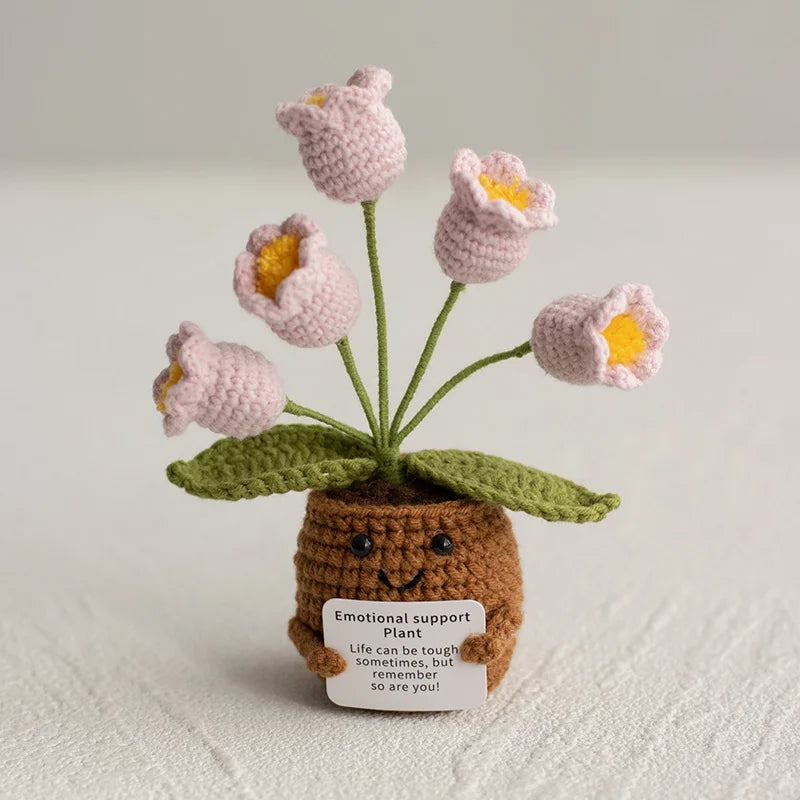 Crochet Knitted Flower Plant Pot - Desktop Emotional Support Gift Positivity Words of Encouragement Ornament - Perfect Gift