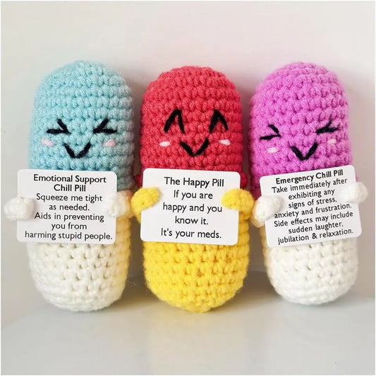 Crochet Knitted Chill Pill - Emotional Support Chill Pill Handmade-Style Gift with Message Card Mental Health Happy Pill Support