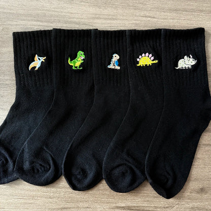 5 Pairs Women’s Dinosaur Crew Socks – Cute Embroidered Cartoon Dino Animal Sock Set