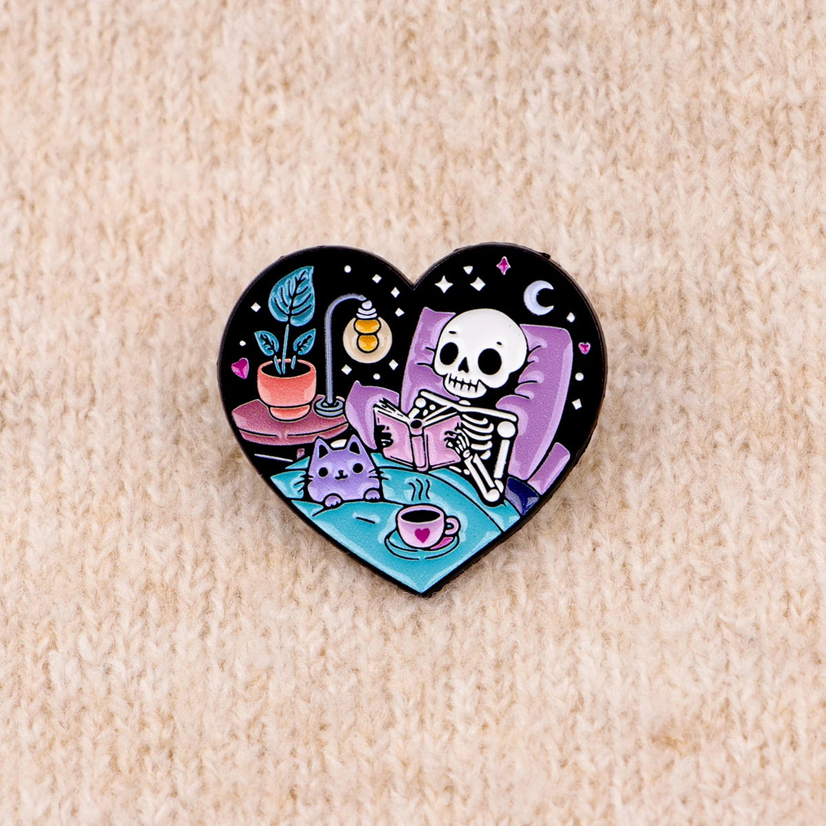 Skeleton and Cat Reading Cute Enamel Pin Badge Brooch Lapel Backpack Clothing Accessories Book Lover