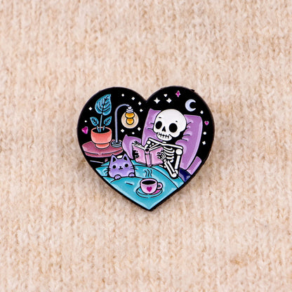 Skeleton and Cat Reading Cute Enamel Pin Badge Brooch Lapel Backpack Clothing Accessories Book Lover