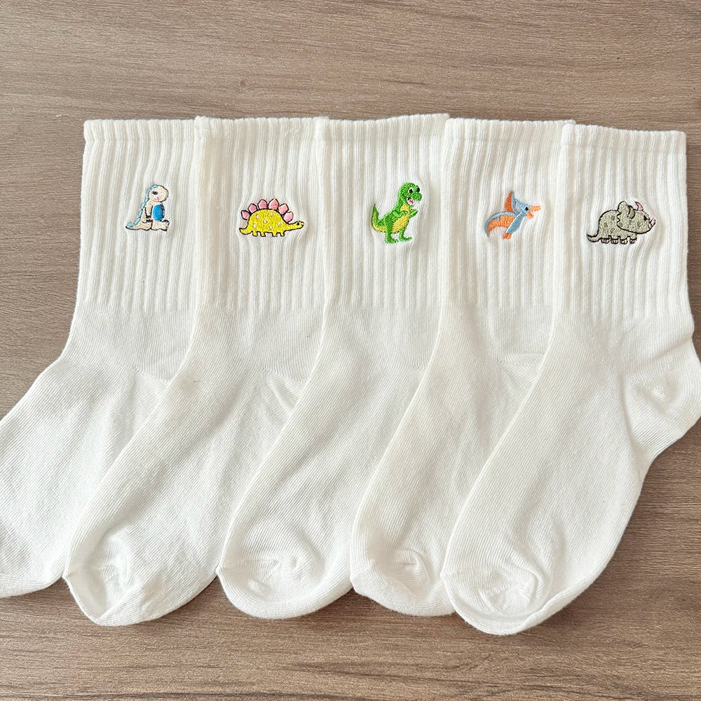 5 Pairs Women’s Dinosaur Crew Socks – Cute Embroidered Cartoon Dino Animal Sock Set