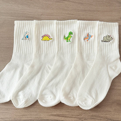 5 Pairs Women’s Dinosaur Crew Socks – Cute Embroidered Cartoon Dino Animal Sock Set