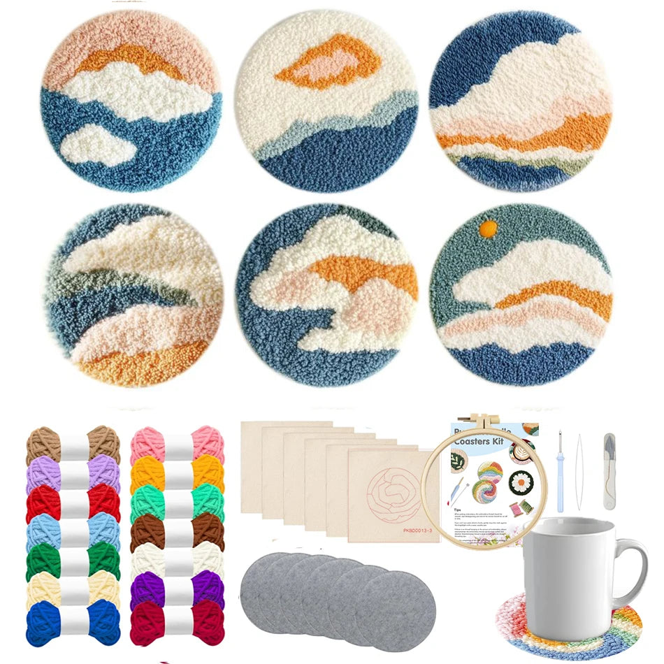 DIY Punch Needle Coaster Set Kit – Make 6 Scenery Sun Sea Sky Design Coasters Multiple Design Choice Craft Embroidery