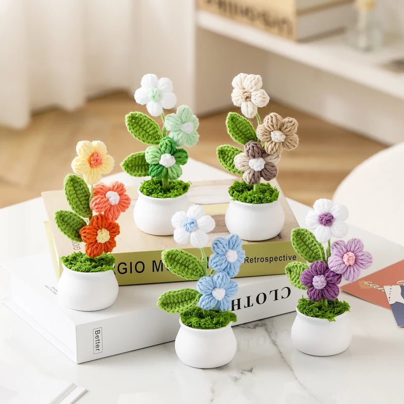 Crochet Knitted Artificial Flower Plant in Pot - Hand Woven Potted Desk Desktop Home Decor Gift Ornament