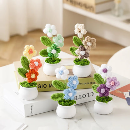 Crochet Knitted Artificial Flower Plant in Pot - Hand Woven Potted Desk Desktop Home Decor Gift Ornament