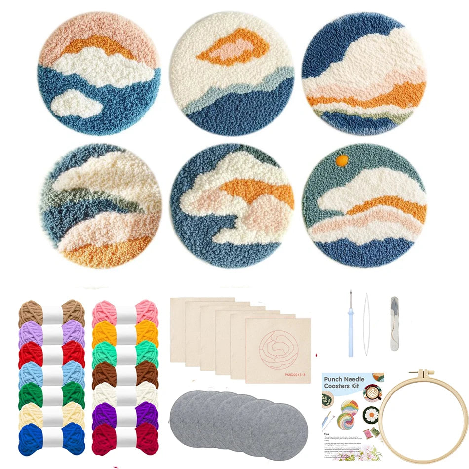 DIY Punch Needle Coaster Set Kit – Make 6 Scenery Sun Sea Sky Design Coasters Multiple Design Choice Craft Embroidery