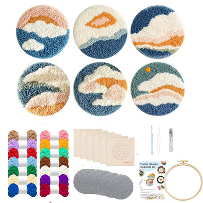 DIY Punch Needle Coaster Set Kit – Make 6 Scenery Sun Sea Sky Design Coasters Multiple Design Choice Craft Embroidery