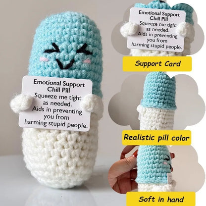 Crochet Knitted Chill Pill - Emotional Support Chill Pill Handmade-Style Gift with Message Card Mental Health Happy Pill Support